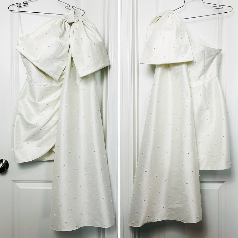 BHLDN Pippa Pearl Bow One Shoulder Mini Dress Bridal Shower Reception 2 XS White - Picture 3 of 15